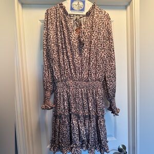 Leopard Print Long Sleeve Smocked Dress